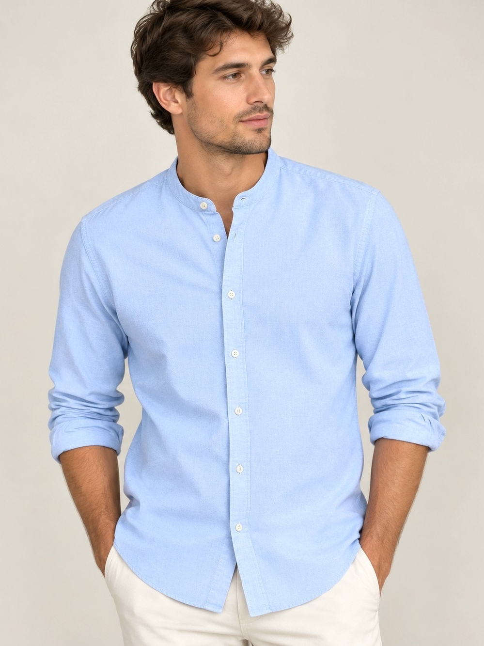 ZARA Men XL Light Blue Cotton Collarless Shirt Rounded Mandarin Collar Button-Up